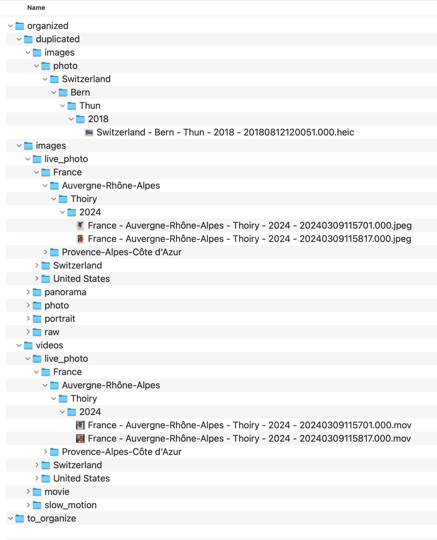Example of a clean, hierarchical folder structure generated by MediaOrganizer: by media type, by country, region, city and year, with deterministic filenames and clean metadata.