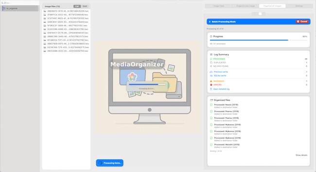 Batch processing screen with progress bar and organized files list.